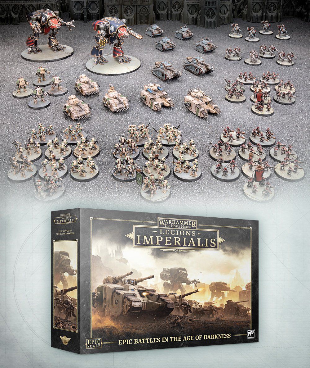 A bunch of painted miniatures for Legions Imperialis, including tanks, troops, and towering titans.