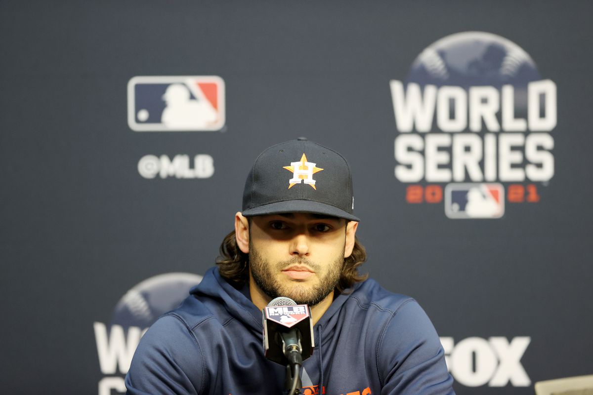 Lance McCullers Jr. of the Houston Astros answers questions during the World Series Workout Day at Minute Maid Park on October 25, 2021 in Houston, Texas.McCullers Jr. is out for the World Series due to injury.