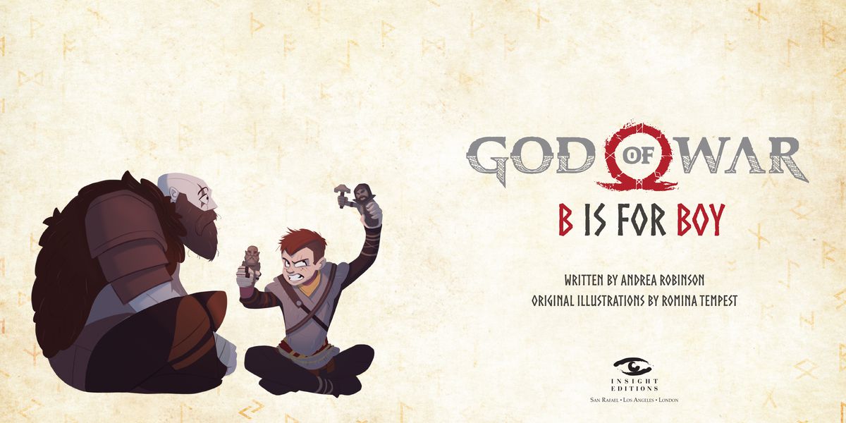 An illustration of Kratos and Atreus playing in God of War: B is For Boy