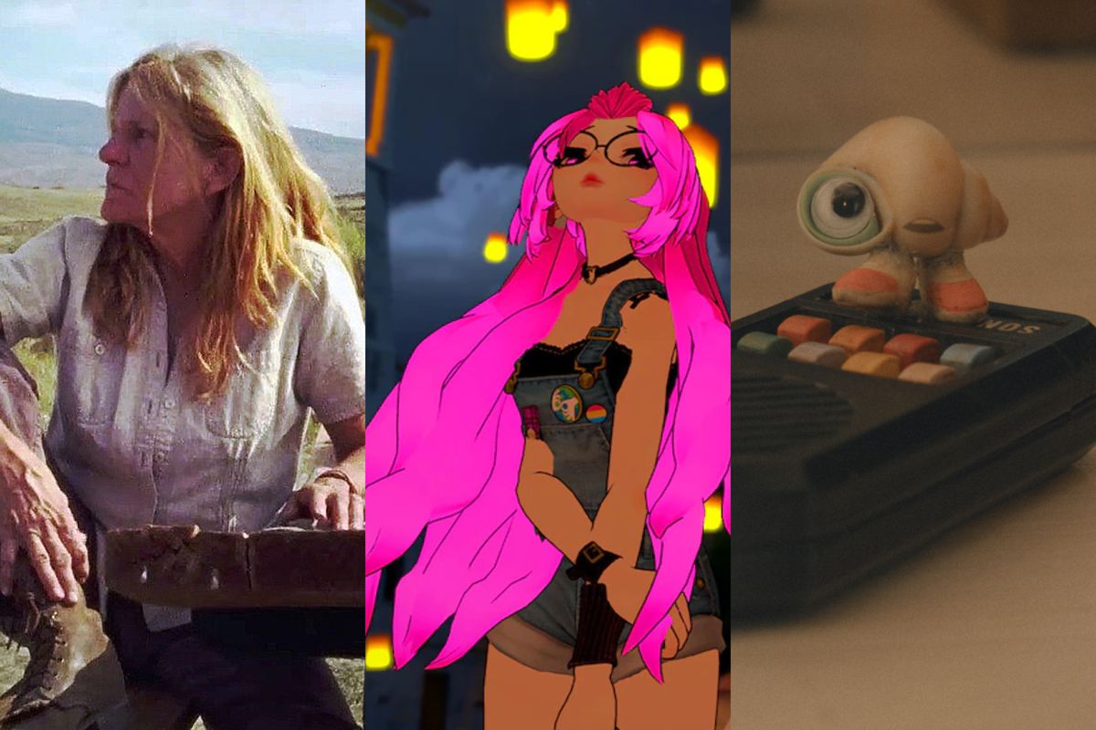 A triptych with three images: an older woman looking into the distance, a virtual reality avatar of a girl with pink hair, and an animated shell sitting on a remote control.