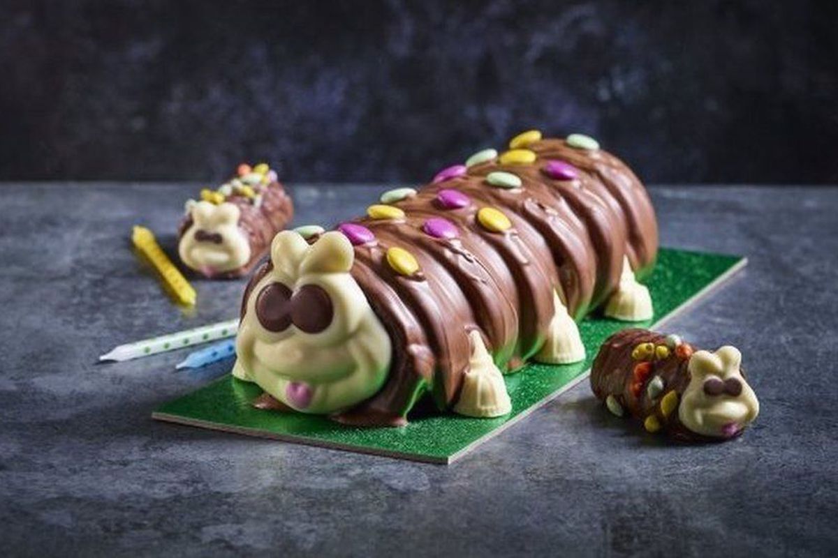 A chocolate Colin the Caterpillar cake with a white chocolate face, with two miniature caterpillar cakes to its left and right.