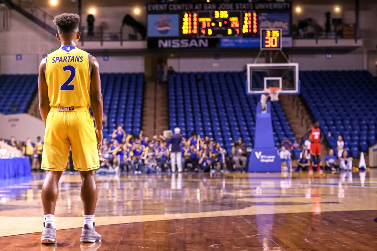 San Jose State Guard, Nai Carlisle, awaits play after a timeout vs. New Mexico State at the San Jose Event Center, February, 3, 2018