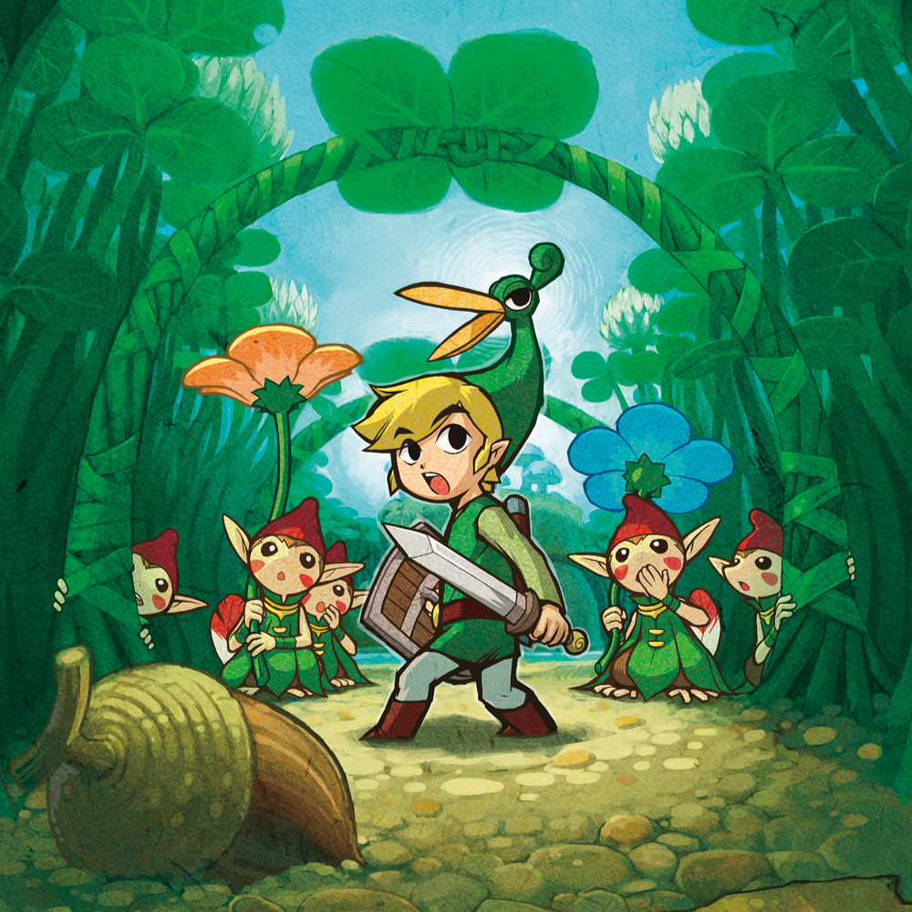 Link, wearing a hat that is also a bird, and holding a sword, turns to face a threat. Behind him are tiny flower people between huge blades of grass