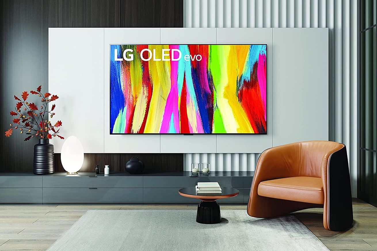 The LG C2 OLED TV turned on in a family room.