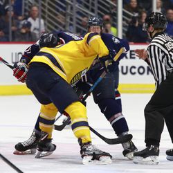 The Merrimack Warriors take on the UConn Huskies in a men’s college hockey game at the XL Center in Hartford, CT on February 9, 2019.