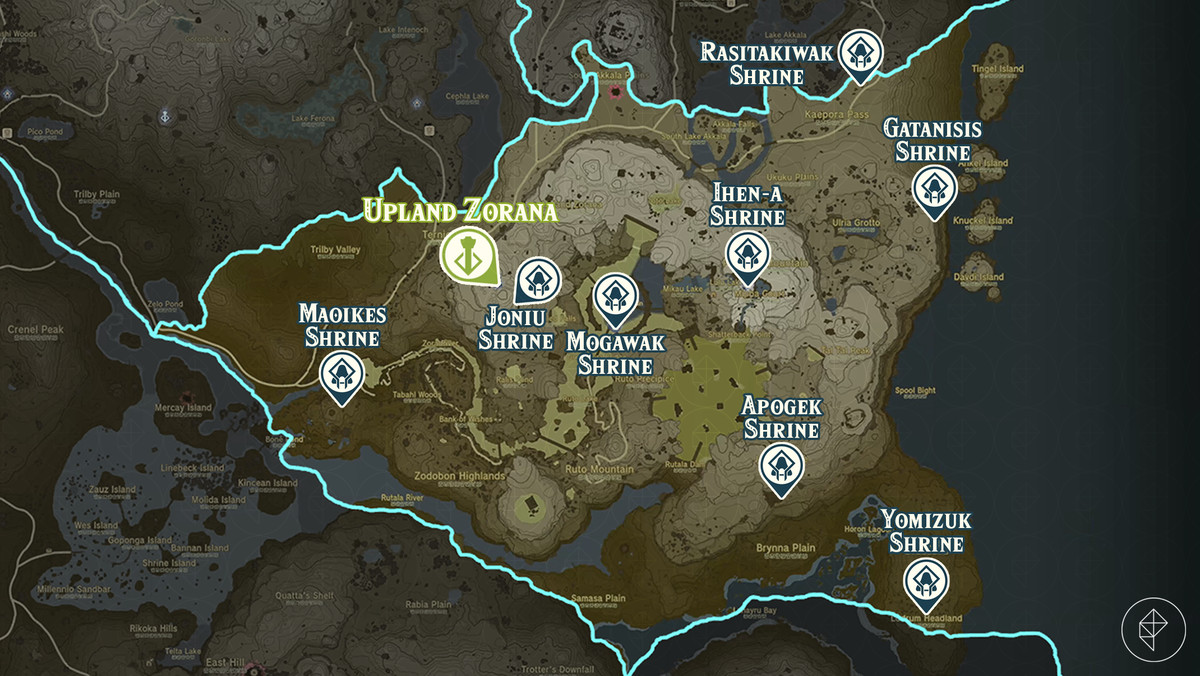 Zelda Tears of the Kingdom map of the Upland Zorana region with shrine locations marked
