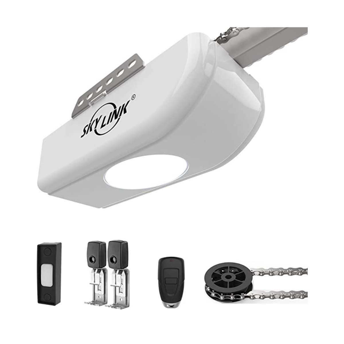 Skylink garage door opener with a white cover that clips onto the tracks for garage door and has a sensor.