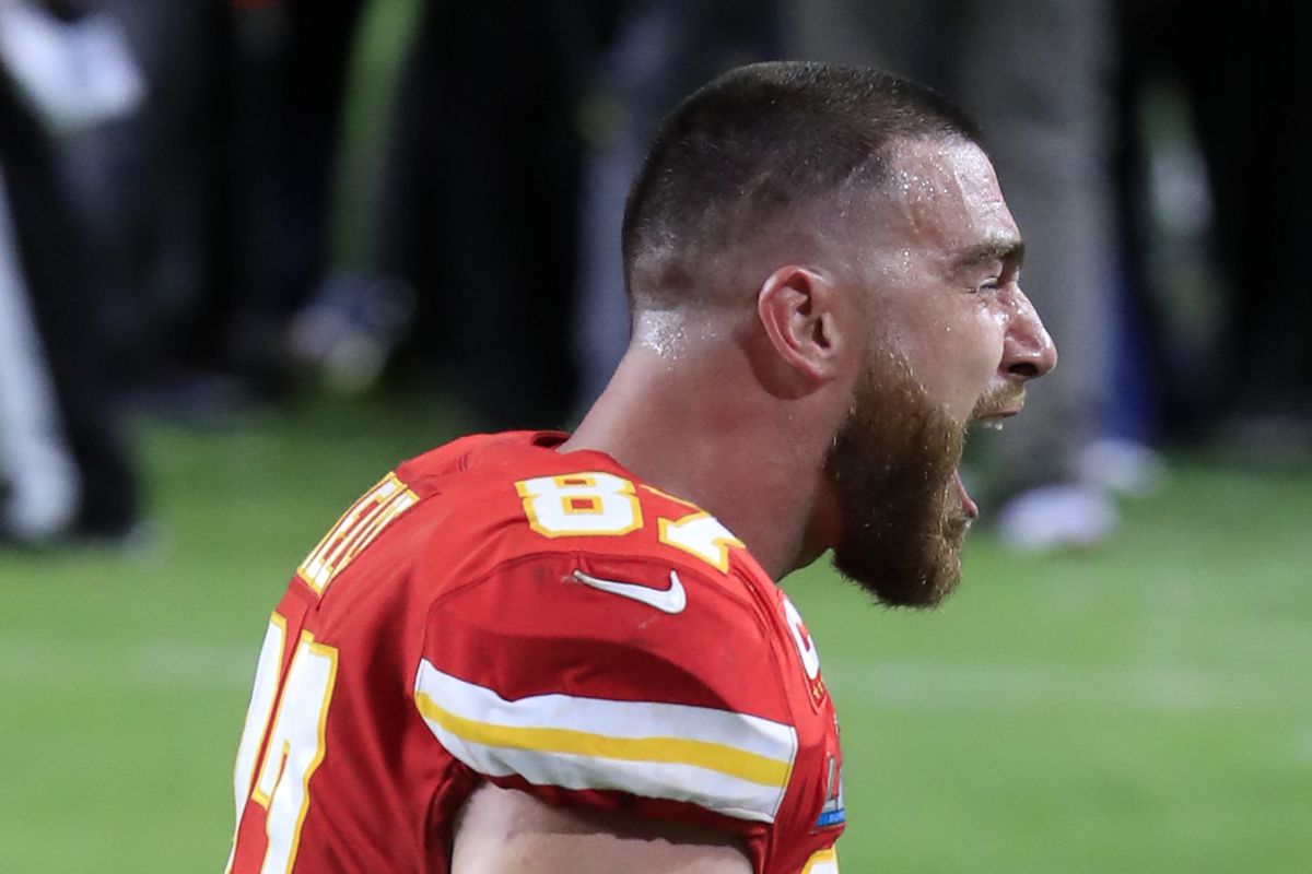 Travis Kelce of the Kansas City Chiefs celebrates in Super Bowl LIV at Hard Rock Stadium on February 02, 2020 in Miami, Florida.