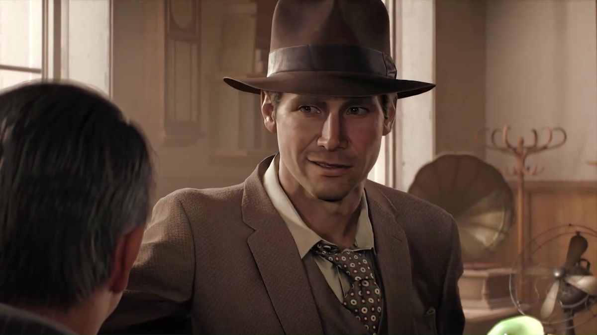 Indiana Jones, wearing a brown suit and his classic fedora, smirks at somebody