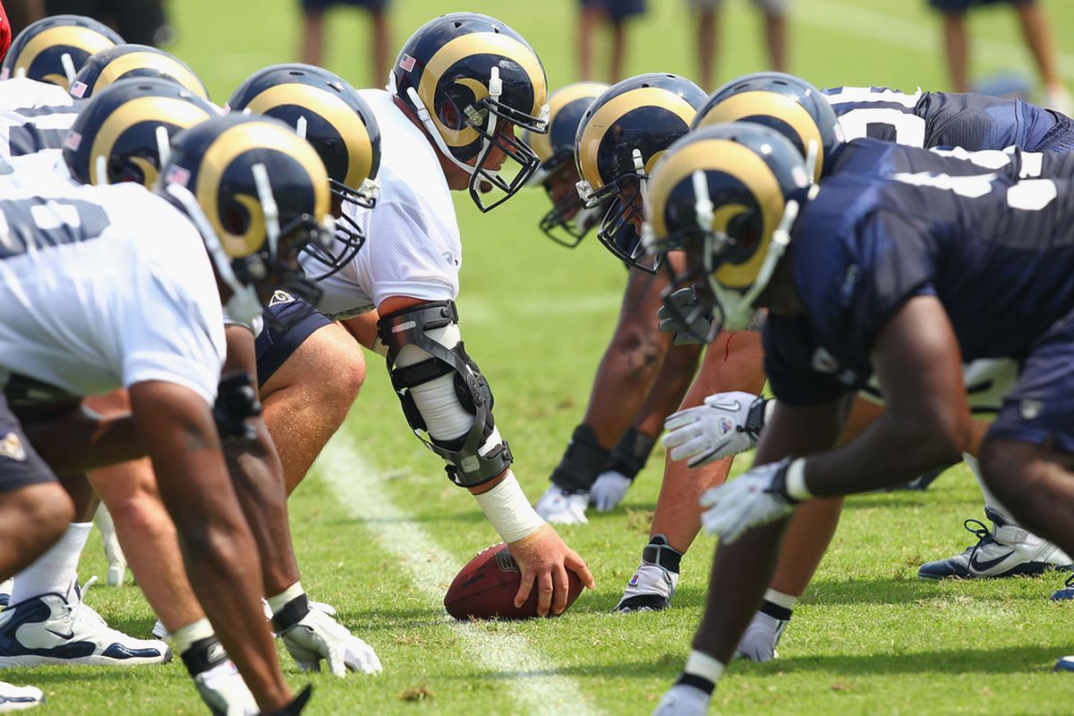EARTH CITY, MO - JULY 31:  Members of the St. Louis Rams offense and defense line up against each other during training camp at the Russell Training Center on July 31, 2011 in Earth City, Missouri.  (Photo by Dilip Vishwanat/Getty Images)