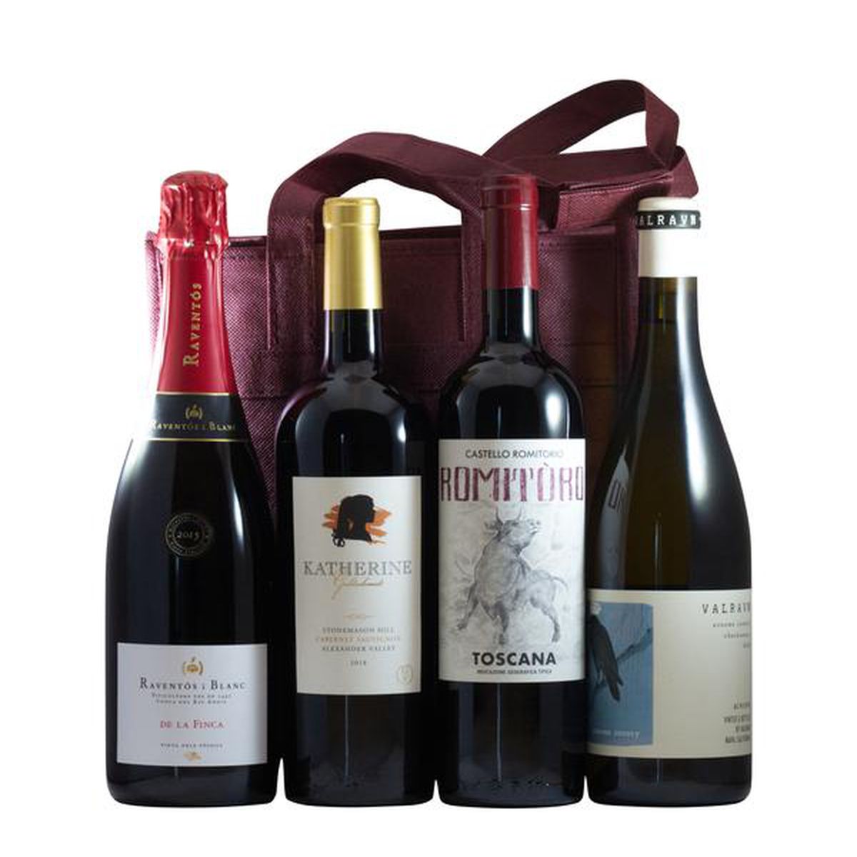 Four bottles of red wine stand in front of a wine tote on a white background