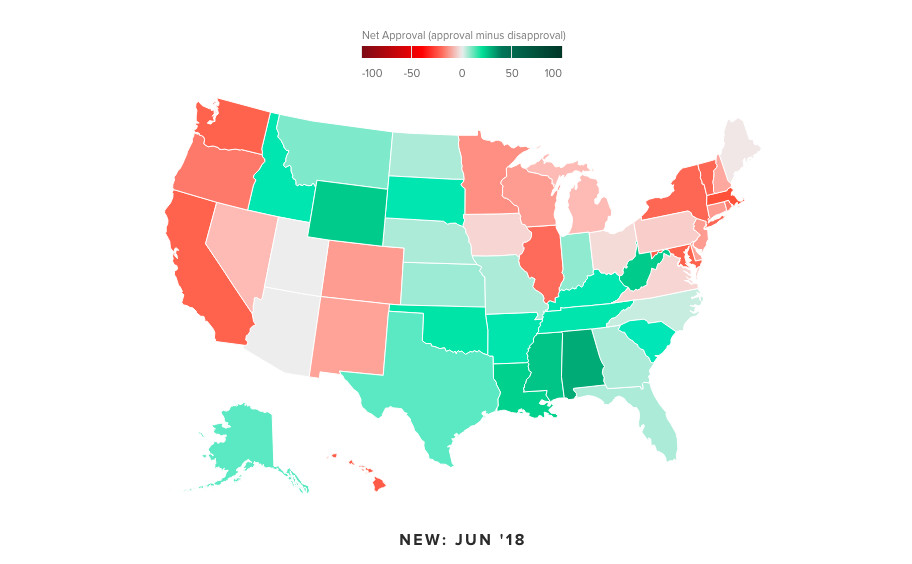 Trump’s net-approval rating by state in June 2018.