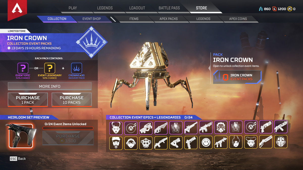 An Iron Crown event pack in Apex Legends