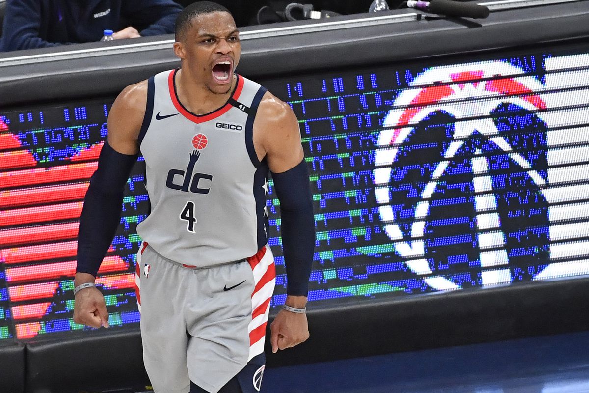 Washington Wizards guard Russell Westbrook reacts against the Charlotte Hornets during the fourth quarter at Capital One Arena.