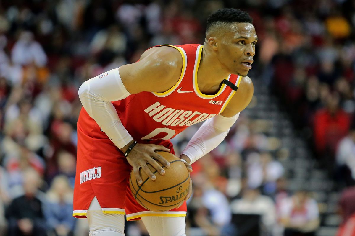 Houston Rockets guard Russell Westbrook handles the ball against the Philadelphia 76ers during the first quarter at Toyota Center.