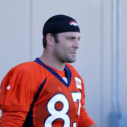 Broncos WR Wes Welker walks out for day one of training camp. 