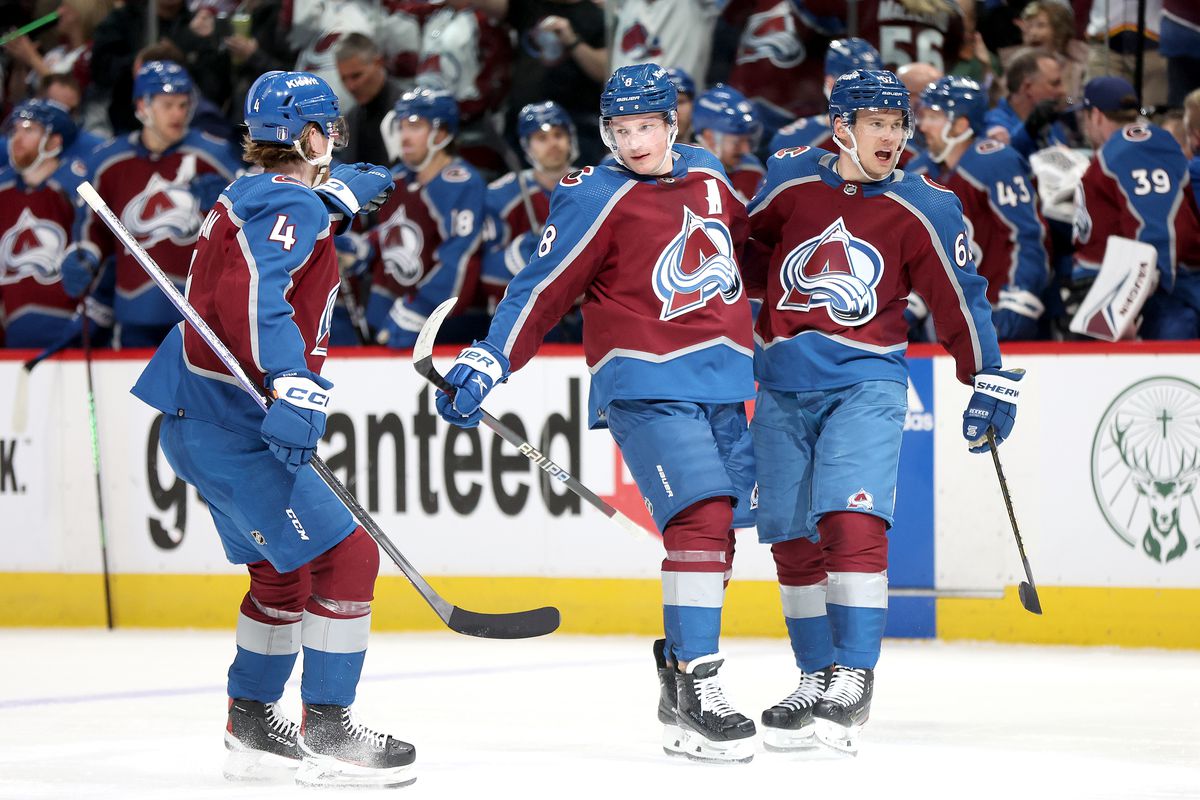 Artturi Lehkonen #62 of the Colorado Avalanche celebrates with Cale Makar #8 after scoring a goal against the Seattle Kraken in the second period in Game Two of the First Round of the 2023 Stanley Cup Playoffs at Ball Arena on April 20, 2023 in Denver, Colorado.
