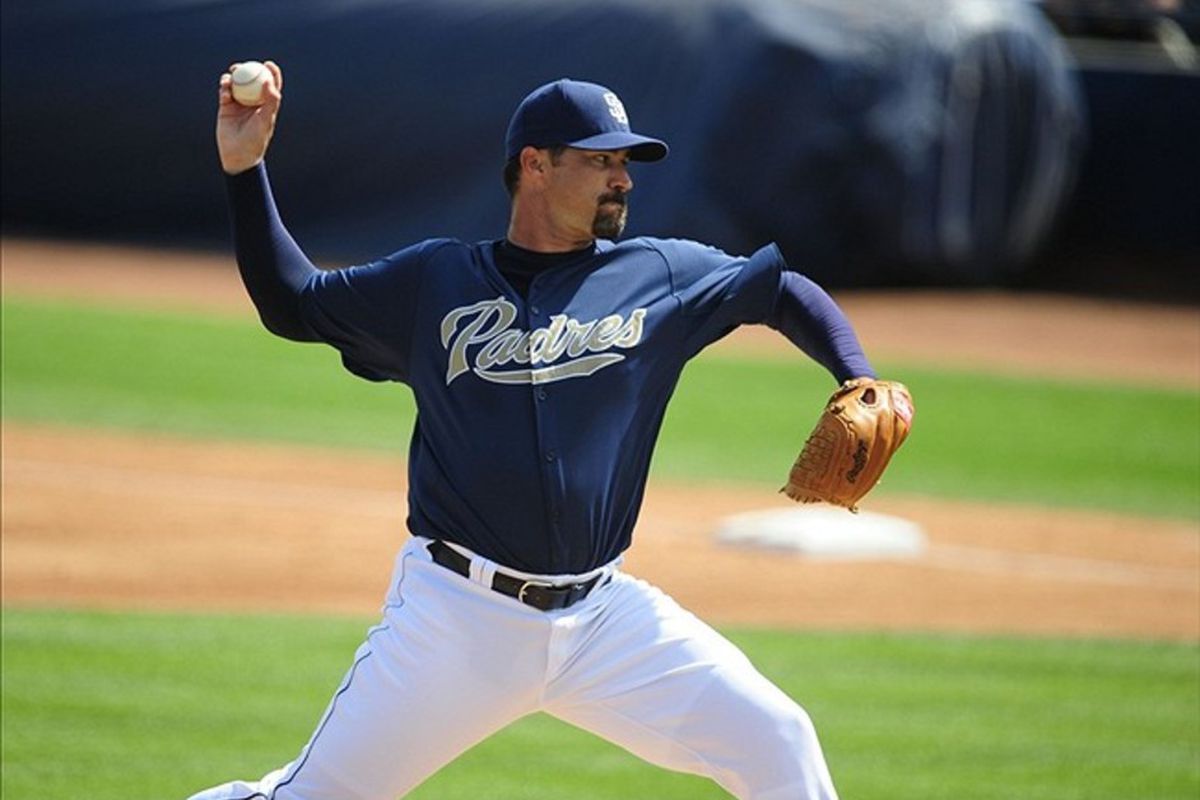 Mar. 7, 2012; Peoria, AZ, USA; San Diego Padres pitcher Jeff Suppan throws against the Texas Rangers during the second inning at Peoria Stadium.  Mandatory Credit: Mark J. Rebilas-US PRESSWIRE