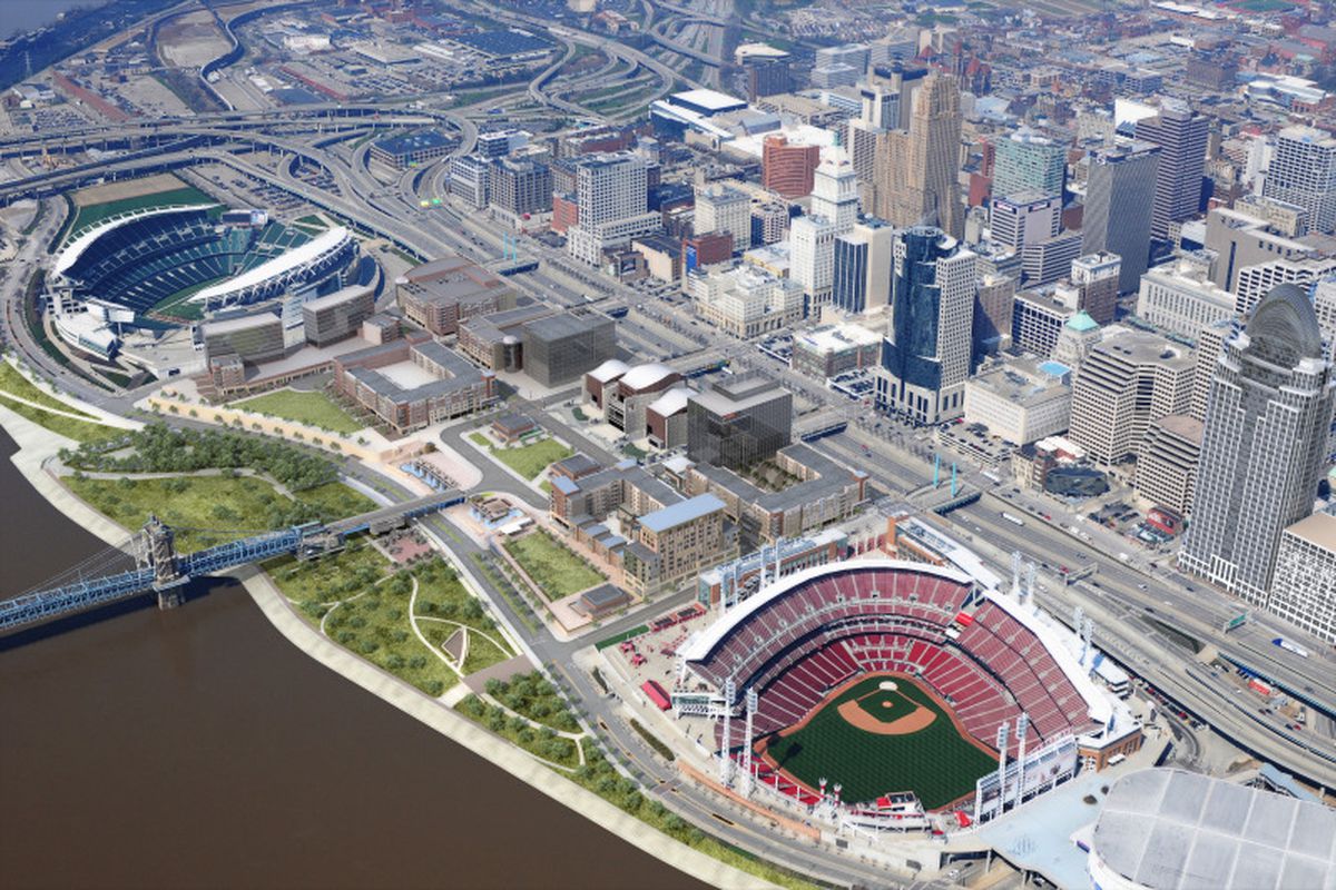 Paul Brown Stadium and Great American Ballpark separated by The Banks Project