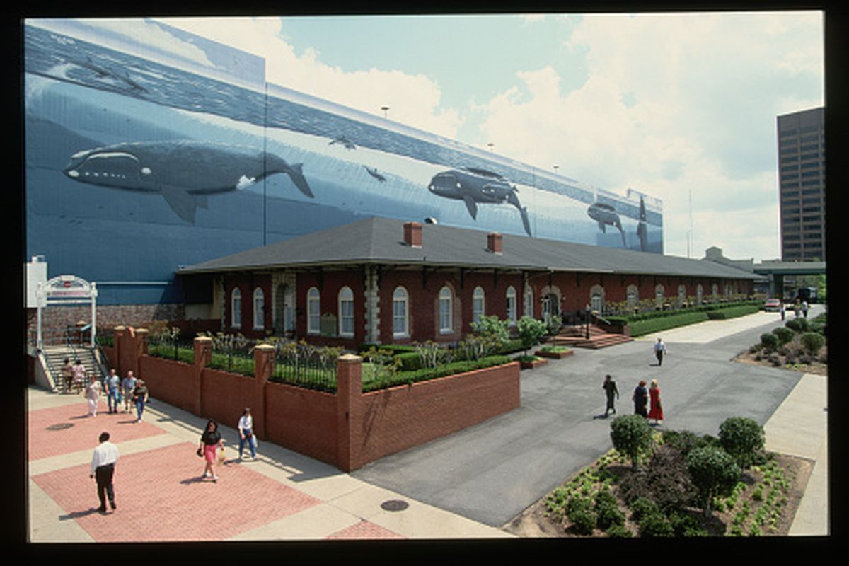The old Georgia Freight Depot and its former backdrop—the Wyland Whale Mural—in Steve Polk Plaza, where a new parking deck is proposed. 