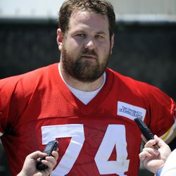 Kansas City Chiefs offensive lineman Geoff Schwartz (74) speaks with media after the organized team activities at the University of Kansas Hospital Training Complex. 