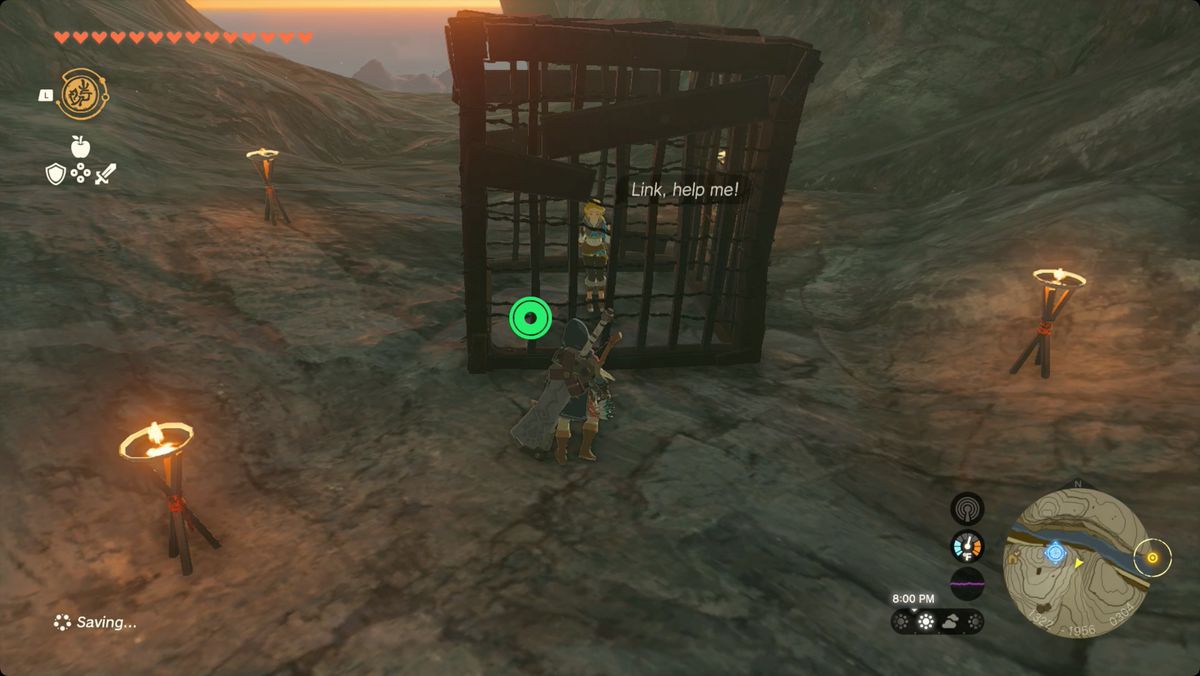The Legend of Zelda: Tears of the Kingdom the kidnapped “Princess Zelda” in a cage on top of the Dueling Peaks.