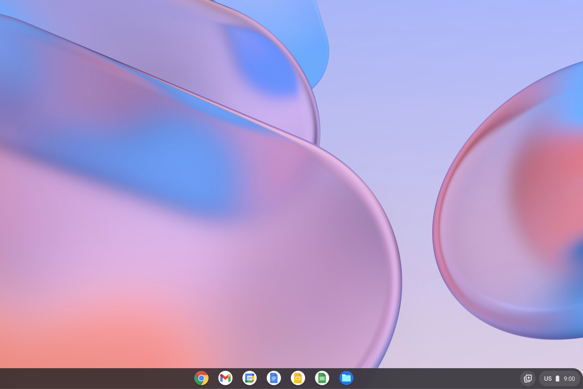 A Chrome OS desktop with a pink and blue background.