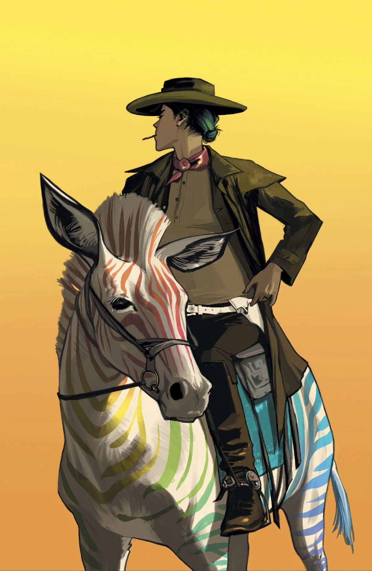 A pregnant Alana, dressed like a cowboy, sits astride a zebra with rainbow stripes on the cover of Saga #43 (2017). 