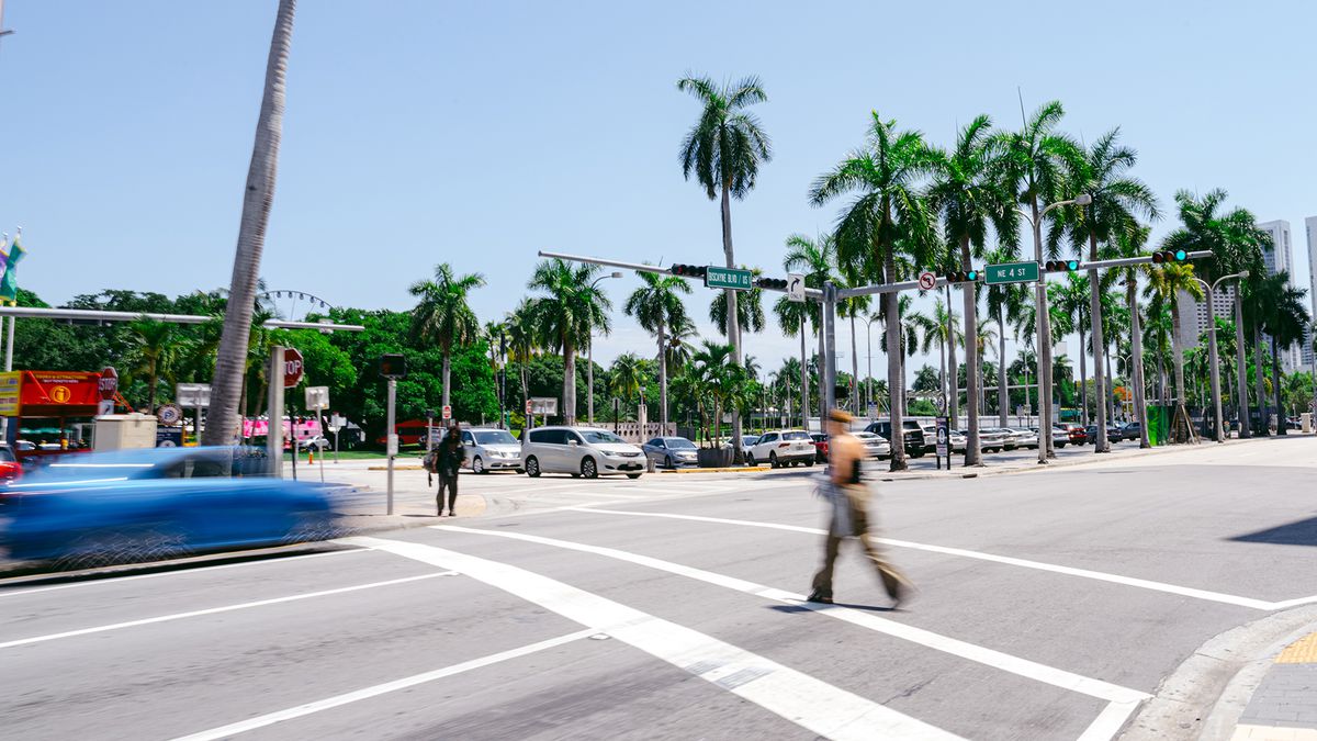Pedestrians crossing at an intersection beside palm trees and a parking lot full of cars