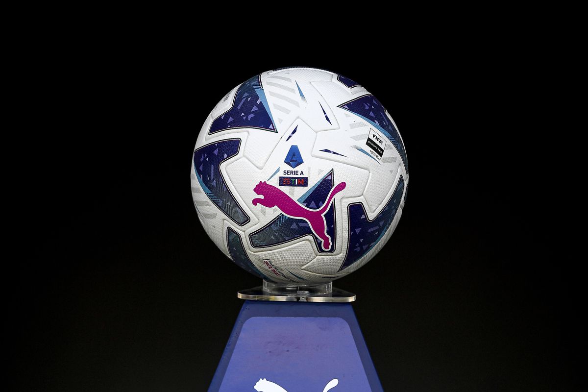 The official Serie A matchball Puma Orbita is seen on a...