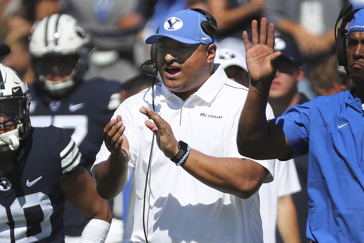 Brigham Young Cougars head coach Kalani Sitake applauds a field goal in Provo on Sept 14, 2019. BYU won 30-27 in overtime.