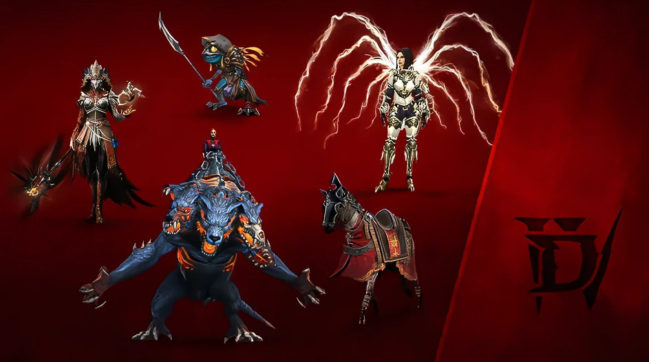 Stock images of the Inarius Wings, Inarius Murloc Pet, Amalgam of Rage Mount, and Umber Winged Darkness cosmetic items. 