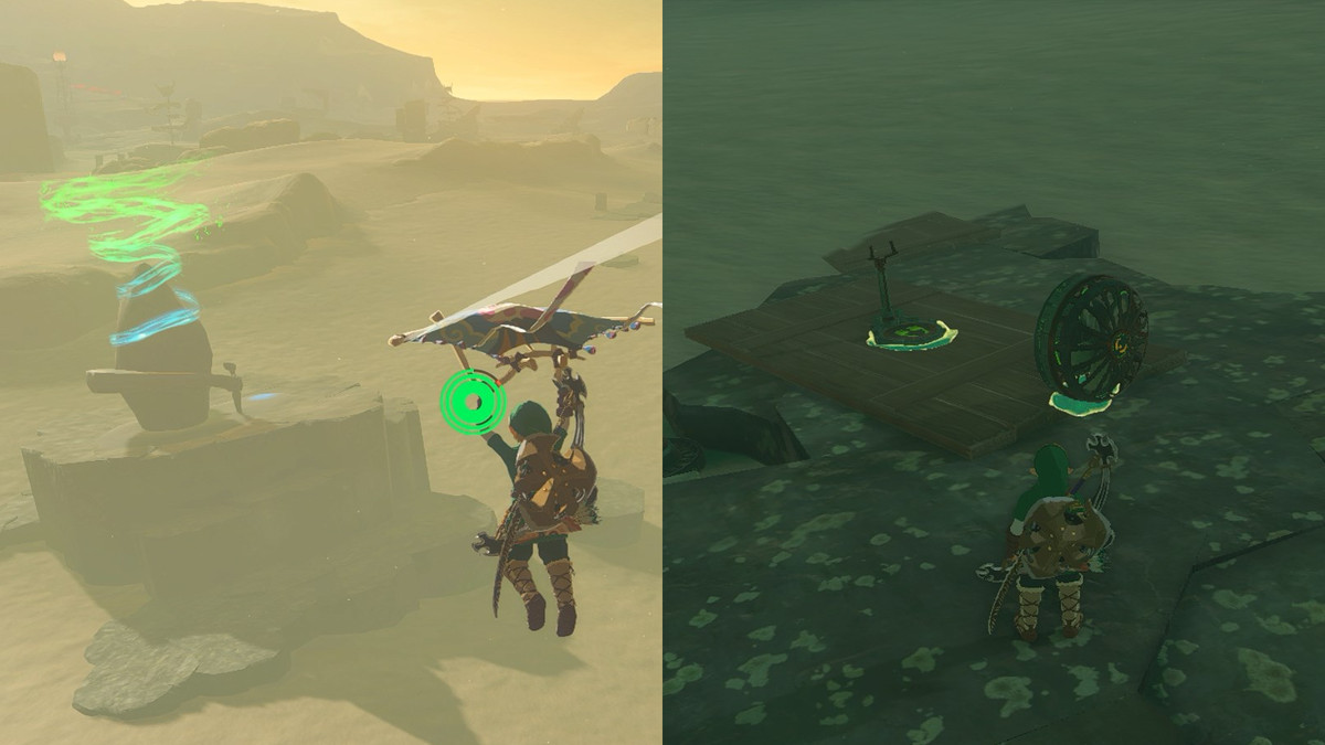 Link gliding to the Kudanisar Shrine and creating a sand vehicle in the Gerudo Desert in The Legend of Zelda: Tears of the Kingdom.