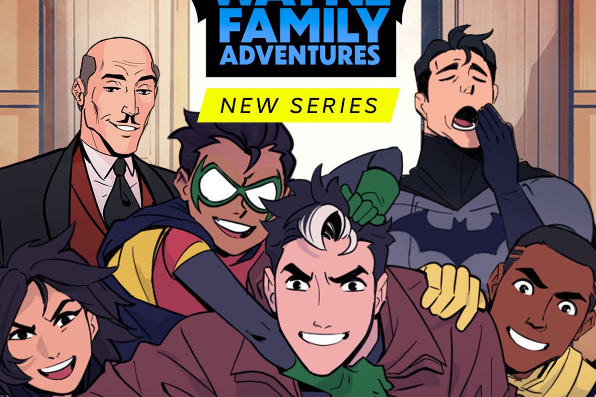 Alfred and Bruce Wayne (yawning) stand behind Cassandra Cain, Damian Wayne, Jason Todd, and Duke Thomas, who are all piling on each other and grinning in promotional art for Batman: Wayne Family Adventures on Webtoon.