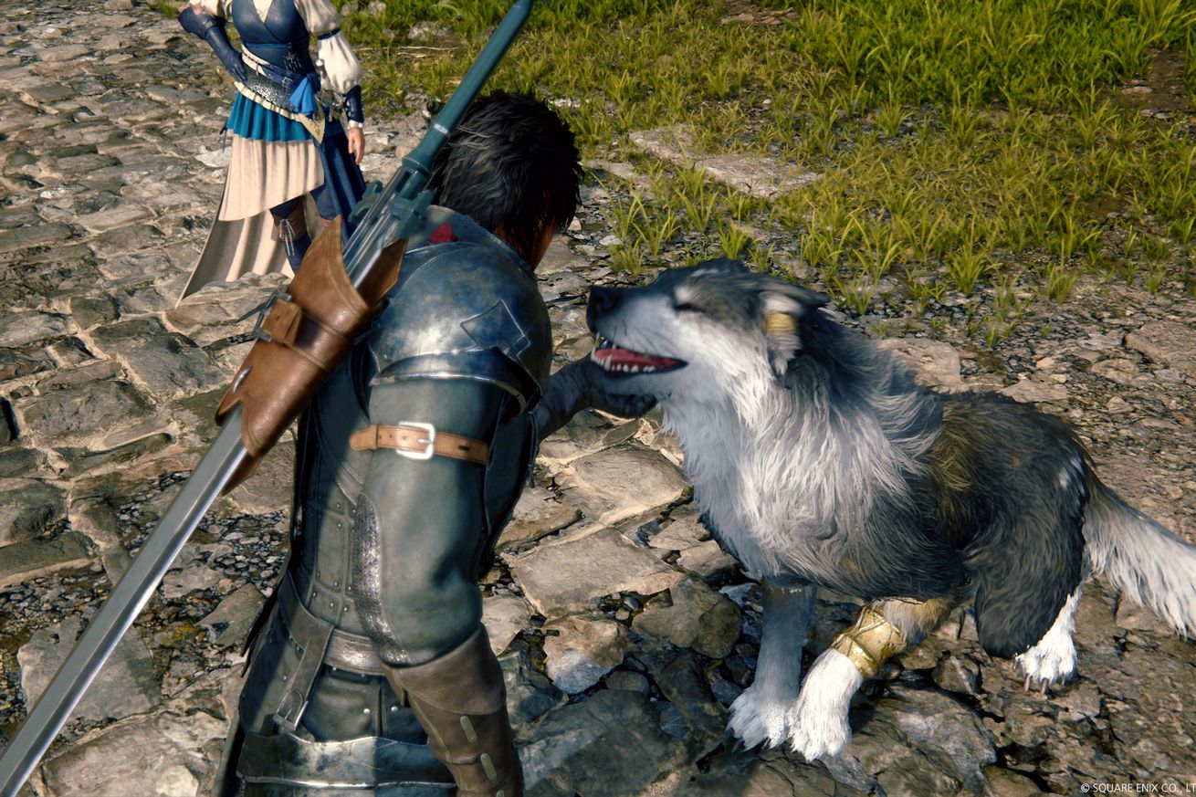 Screenshot from Final Fantasy XVI showing Clive petting his faithful hound Torgal.