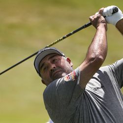 Ángel Cabrera tees off of on the eighth hole during the Utah Championship at Oakridge Country Club in Farmington on Thursday, June 27, 2019.