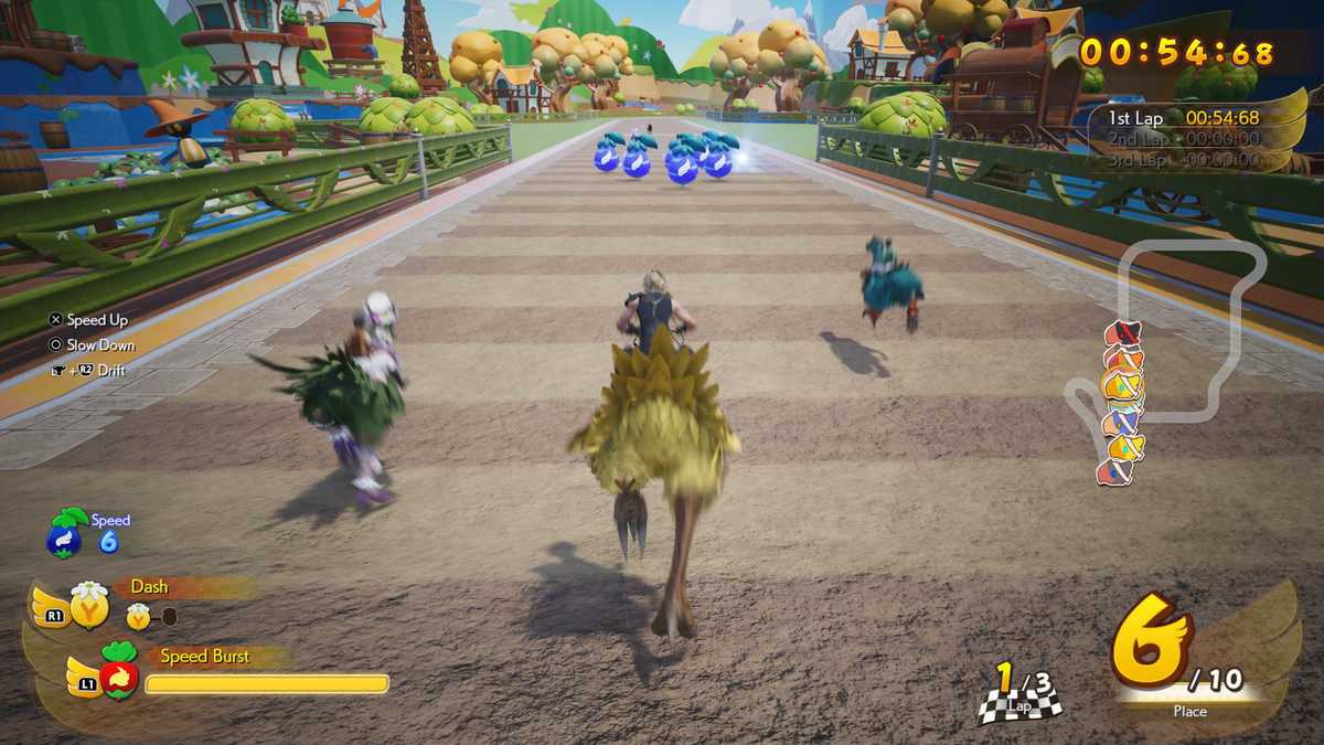 Cloud races a chocobo in a brightly colored, Mario Kart style racing game in Final Fantasy 7 Rebirth