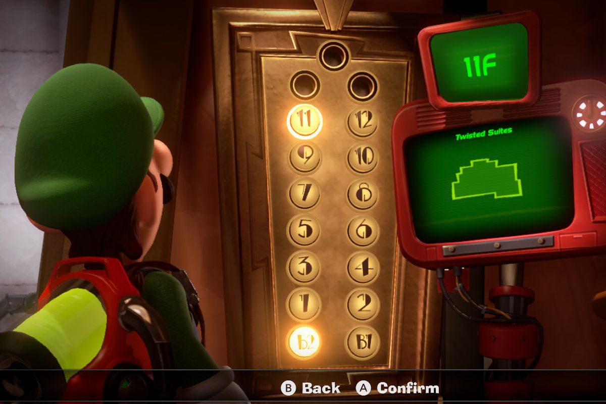 Luigi stares at the 11F Twisted Suites elevator map in Luigi’s Mansion 3