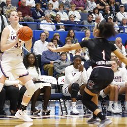 The South Carolina Gamecocks take on the UConn Huskies in a women’s college basketball game at the XL Center in Hartford, CT on February 11, 2019.