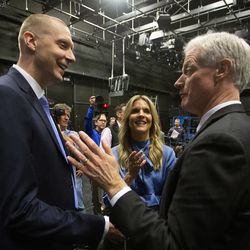 New men's basketball head coach Mark Pope and his wife Lee Anne talk with BYU President Kevin J Worthen after a press conference at the BYU Broadcast building in Provo on Wednesday, April 10, 2019.