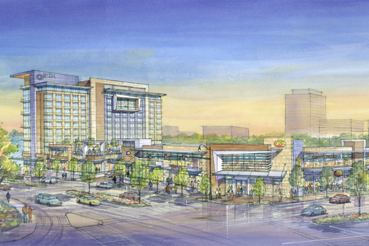 Hand-drawn rendering showing the glassy hotel beyond two-story retail development.