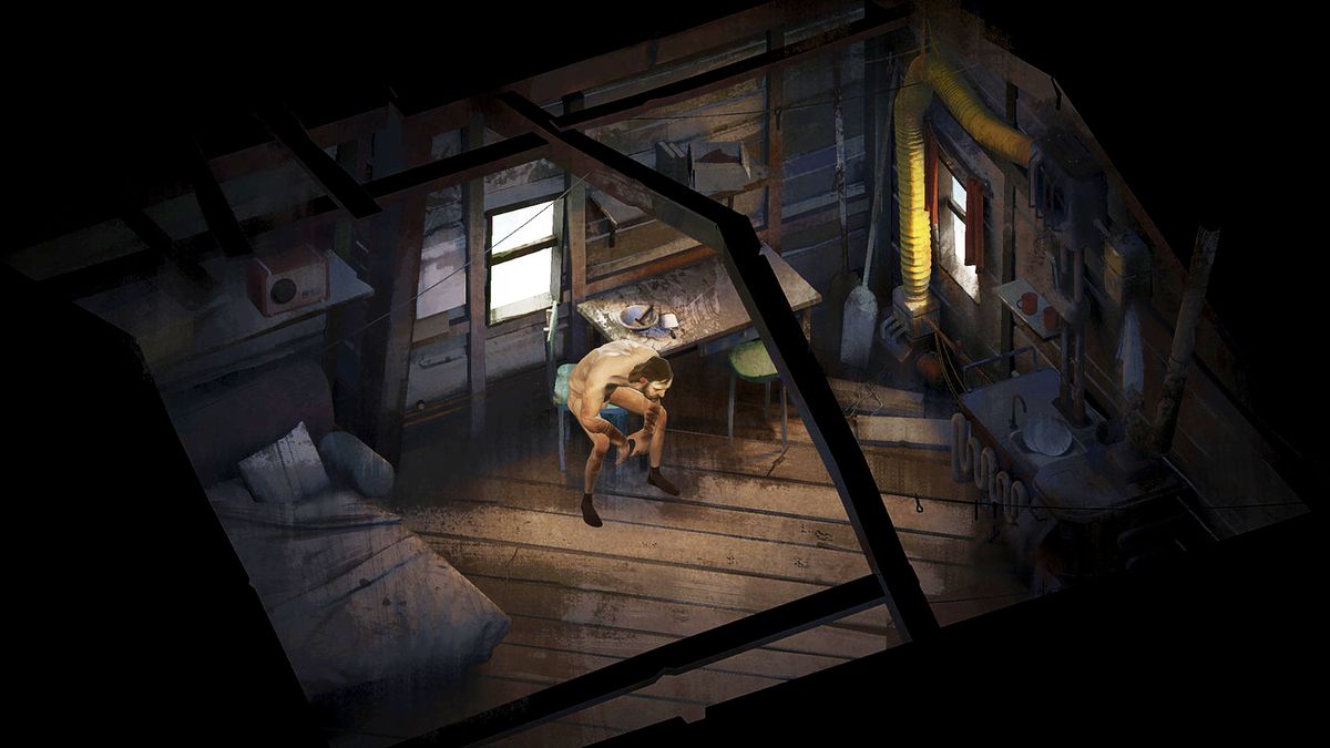 a naked man sits alone on a chair in a shack in Disco Elysium