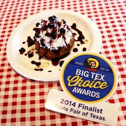 Deep Fried Texas Bluebonnet</br>
"The Deep Fried Texas Bluebonnet is a blueberry muffin, scone-style batter that is stuffed with cream cheese, blueberries and sweet morsels of white chocolate. It is baked and deep fried to a perfect golden brown. This mo
