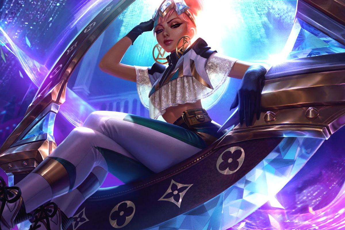 True Damage Qiyana Prestige Edition sits on her ring weapon, which has a Louis Vuitton pattern