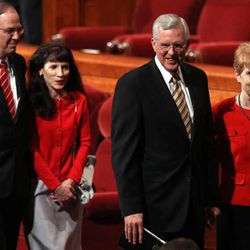 From left, Elder Neil L. Andersen and his wife Kathy W. Andersen, and Elder D. Todd Christofferson and his wife Katherine J. Christofferson leave the afternoon session of the 183rd Annual General Conference of The Church of Jesus Christ of Latter-day Saints in the Conference Center in Salt Lake City on Sunday, April 7, 2013. 