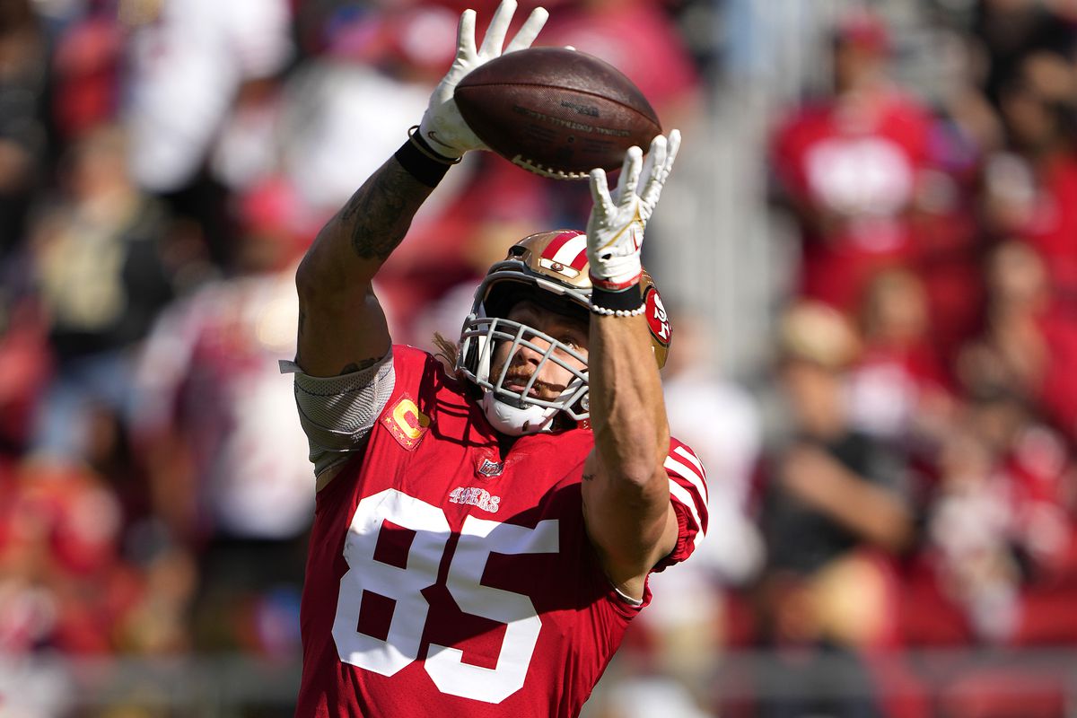 George Kittle #85 of the San Francisco 49ers warms up prior to the game against the New Orleans Saints at Levi’s Stadium on November 27, 2022 in Santa Clara, California.