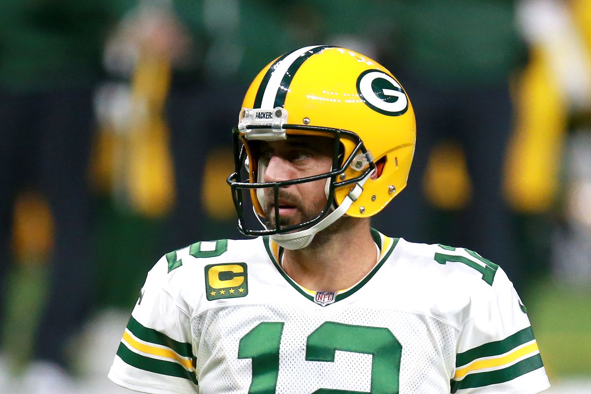 Aaron Rodgers of the Green Bay Packers reacts to a call during a NFL game against the New Orleans Saints at Mercedes-Benz Superdome on September 27, 2020 in New Orleans, Louisiana.