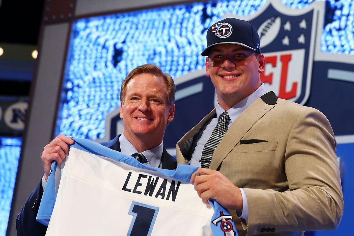 Offensive Tackle Taylor Lewan (right) was drafted at No. 11 to the Tennessee Titans.