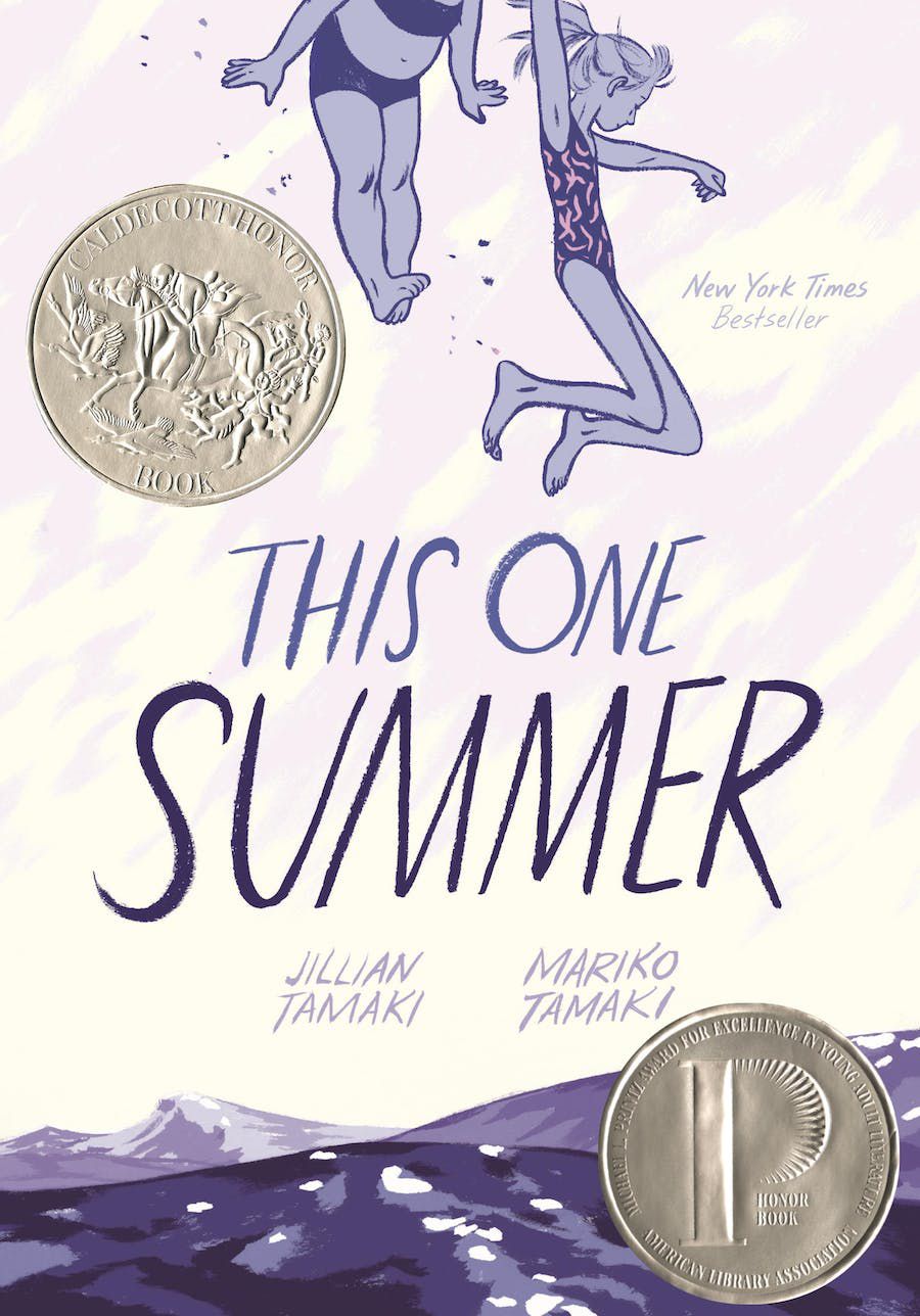 Two girls in bathing suits fall from the sky towards ocean waves on the cover of This One Summer. 