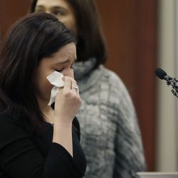Gymnast Kaylee Lorincz gives her victim impact statement during the seventh day of Larry Nassar's sentencing hearing Wednesday, Jan. 24, 2018, in Lansing, Mich. Nassar has admitted sexually assaulting athletes when he was employed by Michigan State University and USA Gymnastics, which is the sport's national governing organization and trains Olympians. (AP Photo/Carlos Osorio)